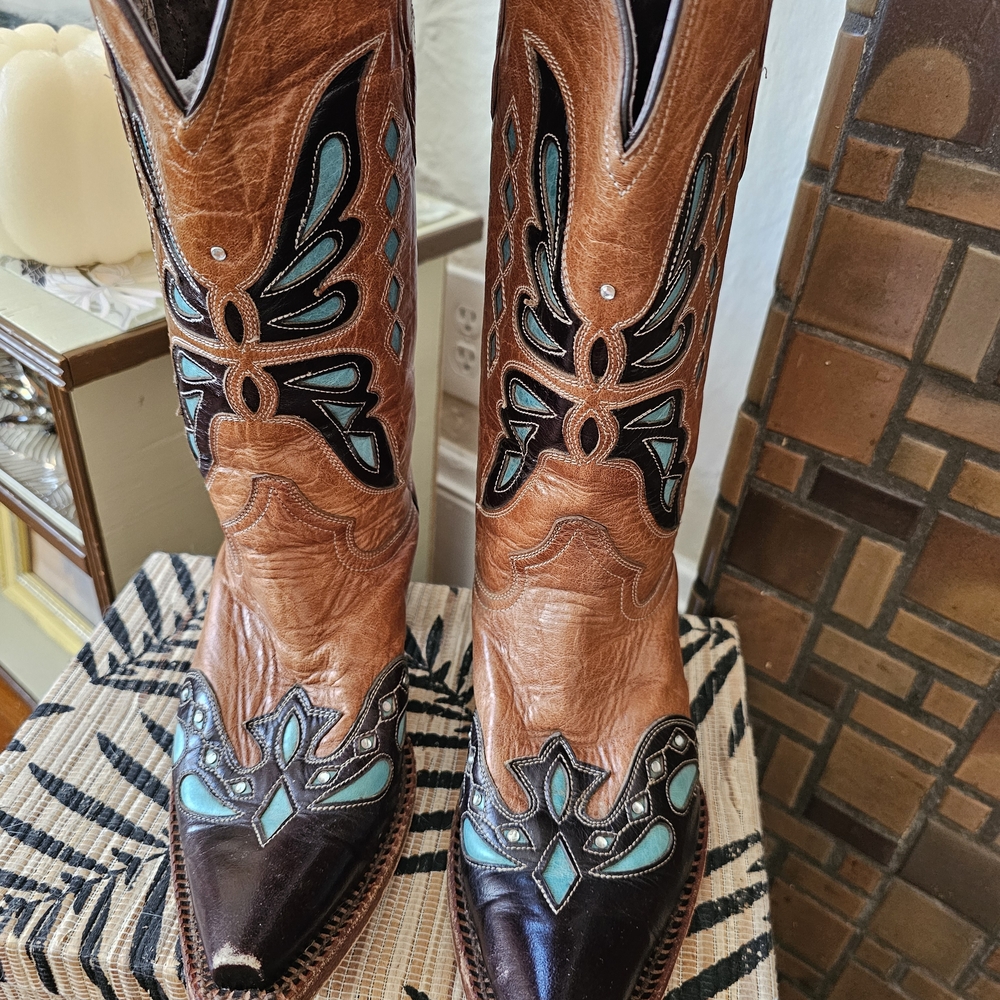 Stylish Brown and Teal Cowboy Boots 8.5